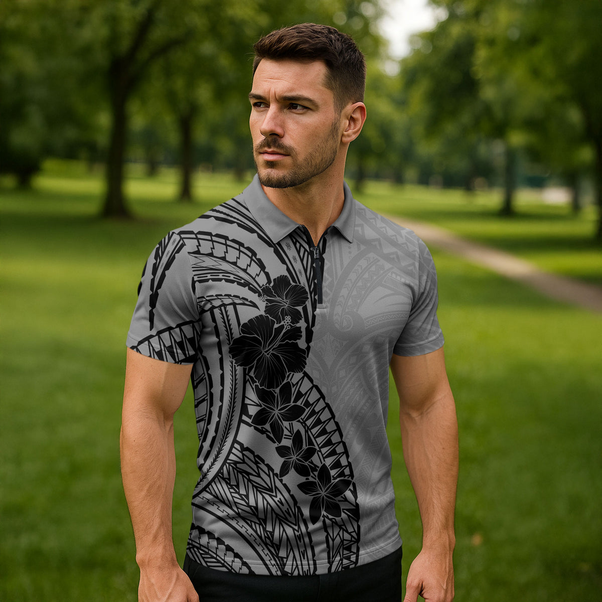 Black Gray Polynesia Tropical Flowers Zipper Polo Shirt LT14 - Polynesian Pride