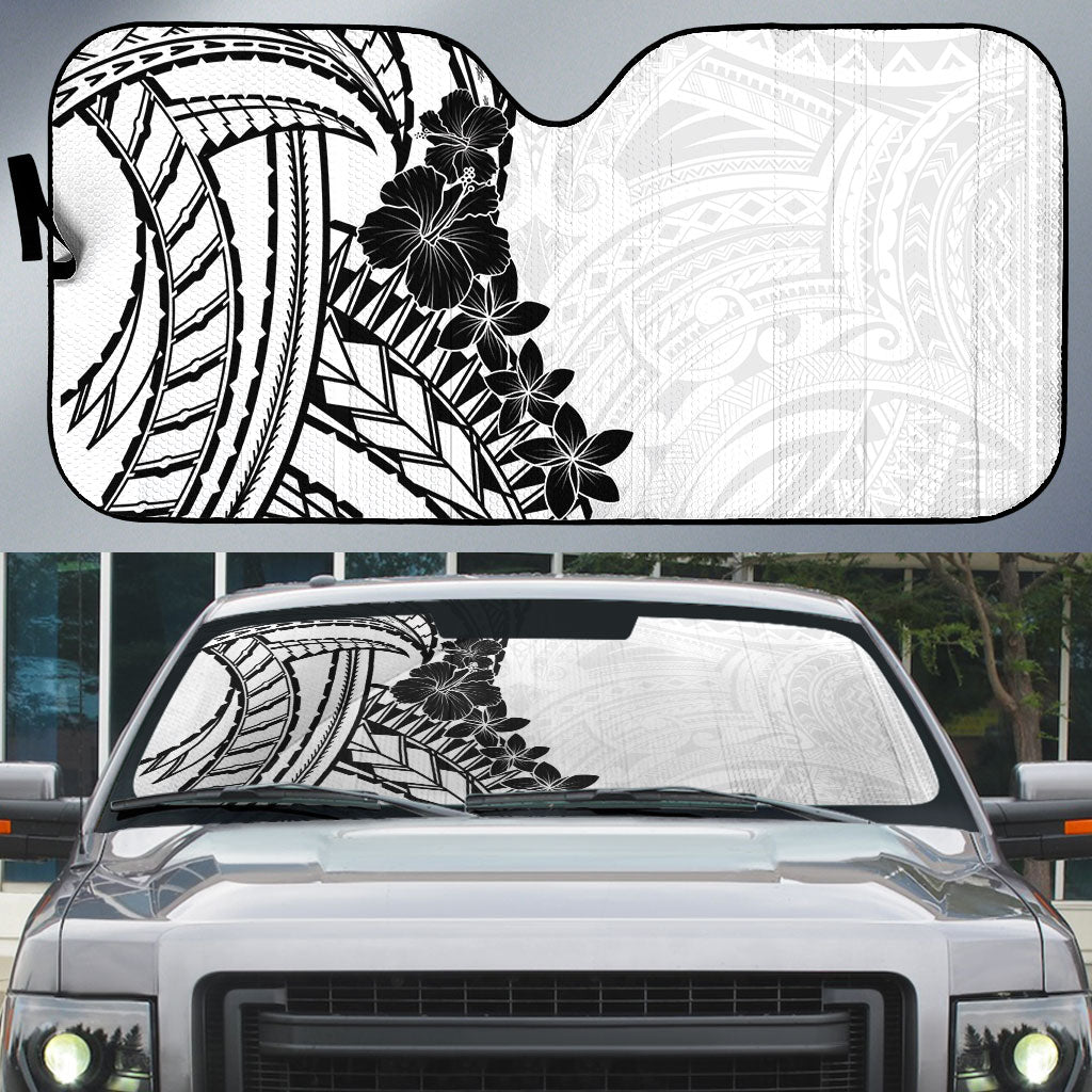 Black White Polynesia Tropical Flowers Auto Sun Shade LT14 White - Polynesian Pride