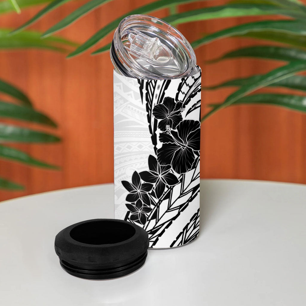 Black White Polynesia Tropical Flowers 4 in 1 Can Cooler Tumbler LT14 - Polynesian Pride