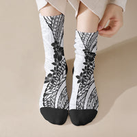 Black White Polynesia Tropical Flowers Crew Socks LT14 Crew Socks White - Polynesian Pride