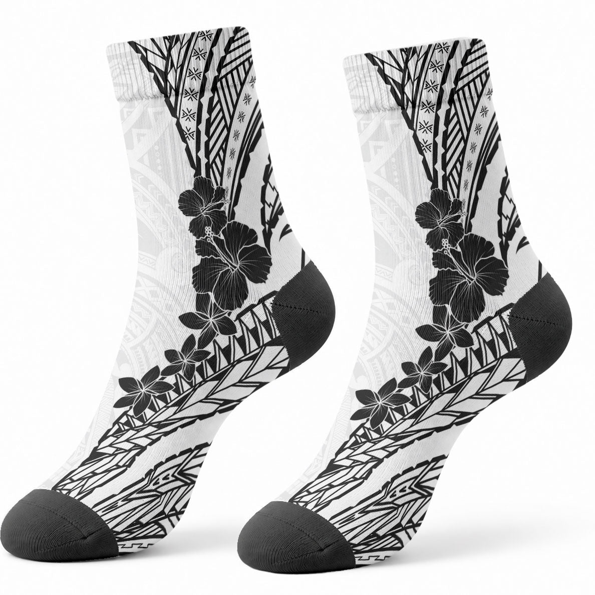 Black White Polynesia Tropical Flowers Crew Socks LT14 - Polynesian Pride