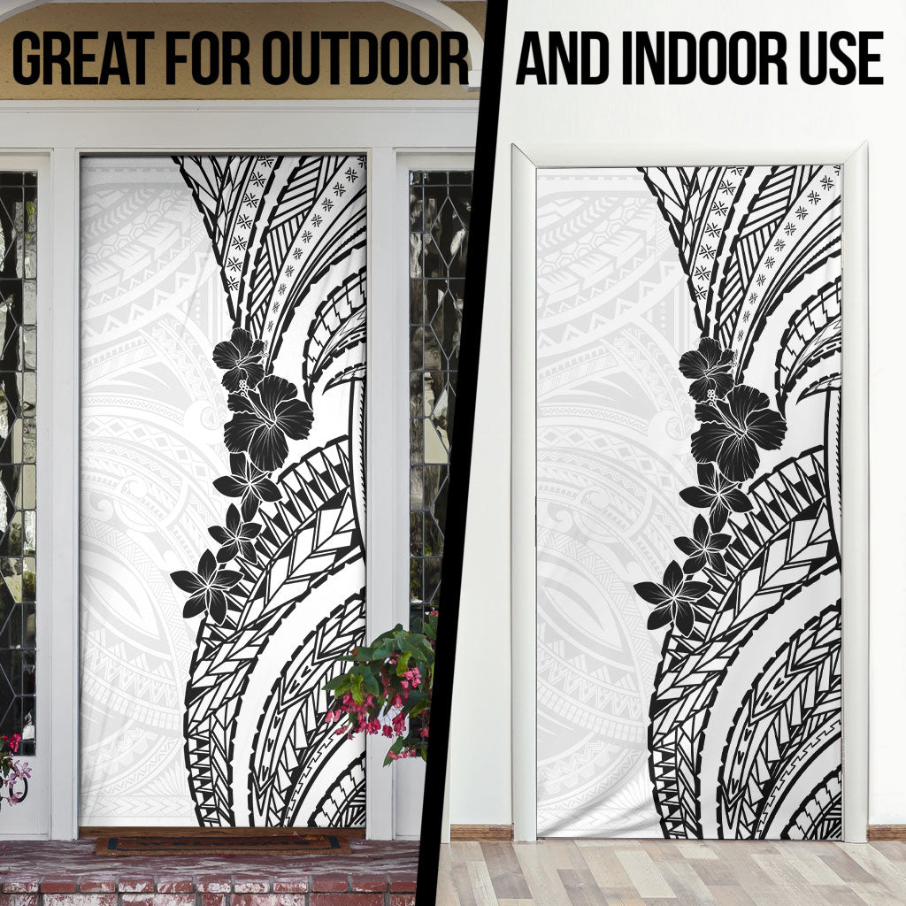 Black White Polynesia Tropical Flowers Door Cover