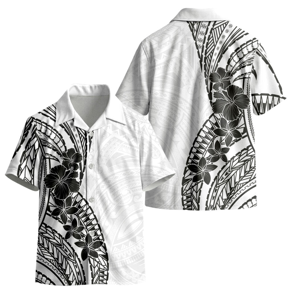 Black White Polynesia Tropical Flowers Kid Hawaiian Shirt LT14 - Polynesian Pride