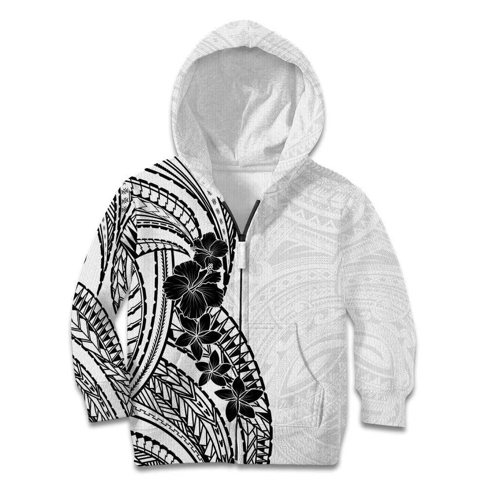 Black White Polynesia Tropical Flowers Kid Hoodie LT14 Zip Hoodie White - Polynesian Pride
