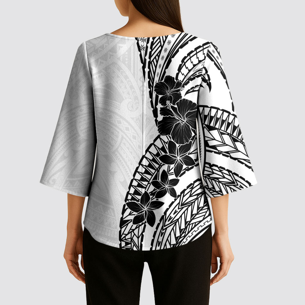 Black White Polynesia Tropical Flowers Kimono Sleeve Blouse LT14 - Polynesian Pride
