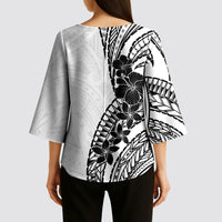 Black White Polynesia Tropical Flowers Kimono Sleeve Blouse LT14 - Polynesian Pride