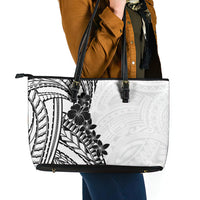 Black White Polynesia Tropical Flowers Leather Tote Bag
