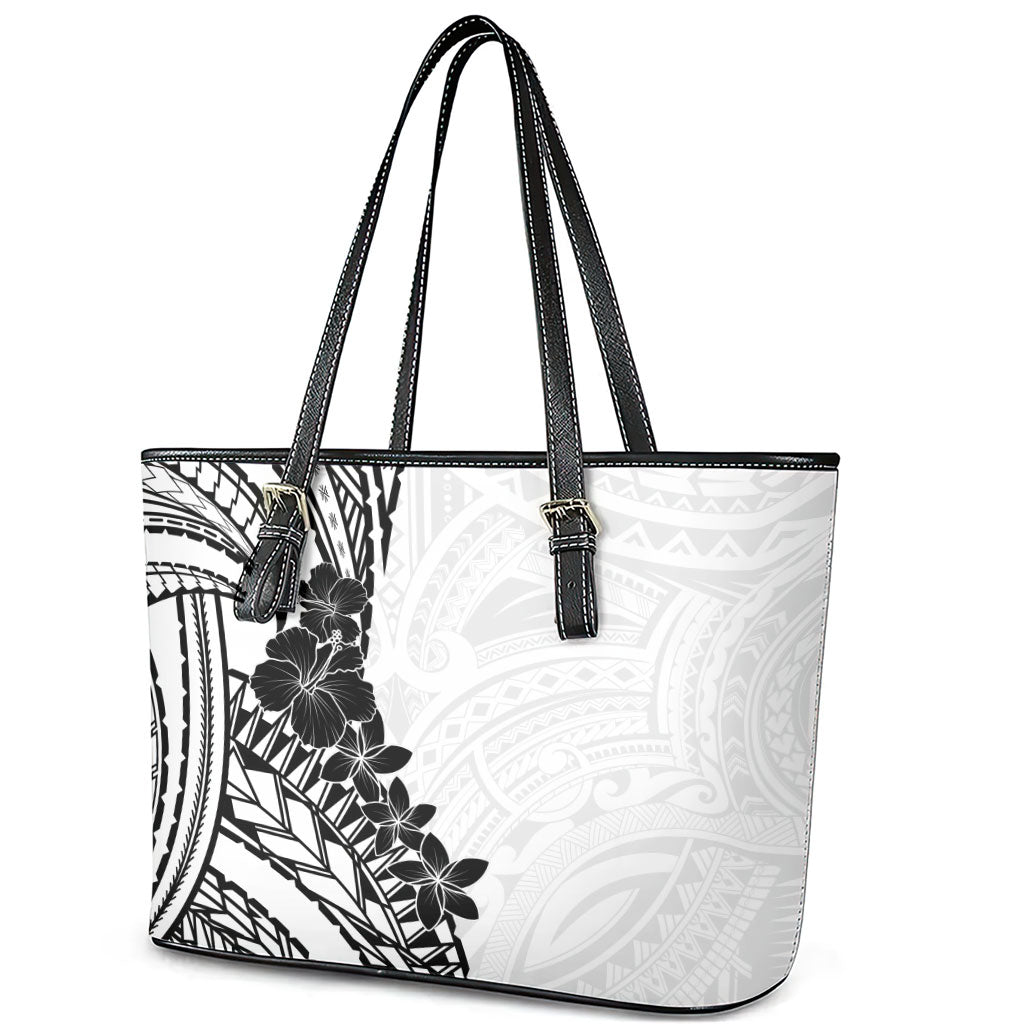 Black White Polynesia Tropical Flowers Leather Tote Bag