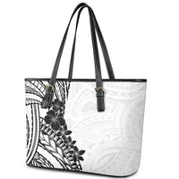 Black White Polynesia Tropical Flowers Leather Tote Bag