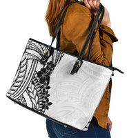 Black White Polynesia Tropical Flowers Leather Tote Bag