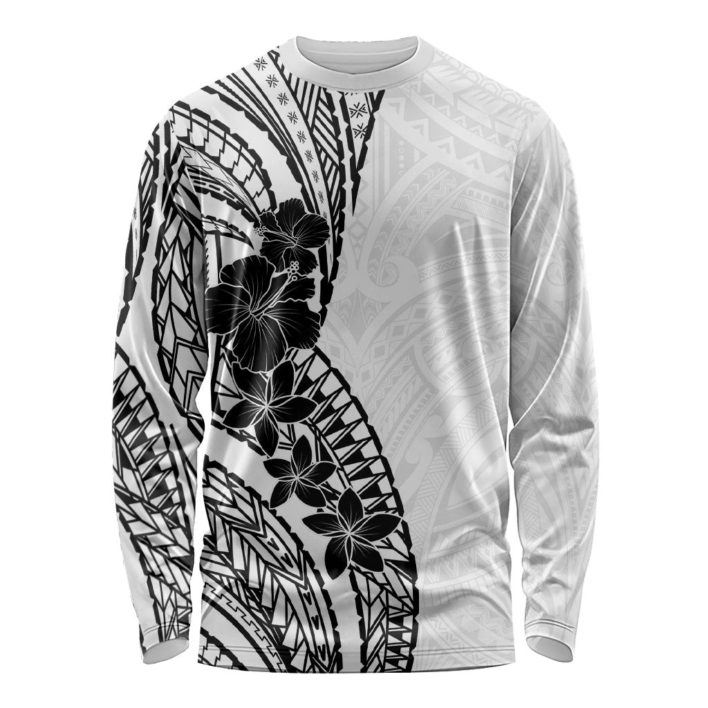 Black White Polynesia Tropical Flowers Long Sleeve Shirt
