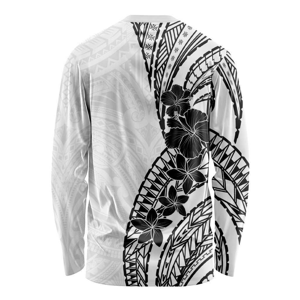 Black White Polynesia Tropical Flowers Long Sleeve Shirt