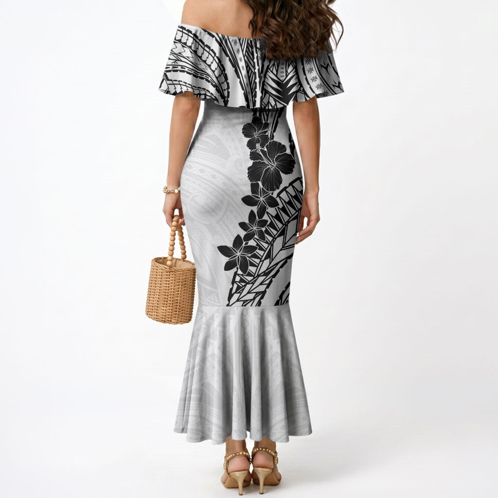 Black White Polynesia Tropical Flowers Mermaid Dress LT14 - Polynesian Pride