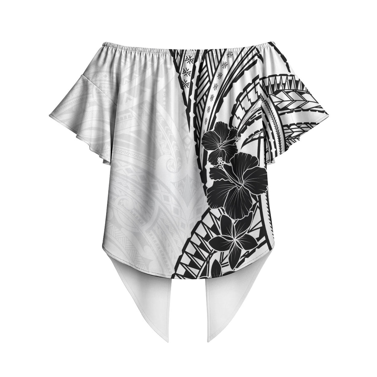 Black White Polynesia Tropical Flowers Off Shoulder Wrap Waist Top LT14 - Polynesian Pride