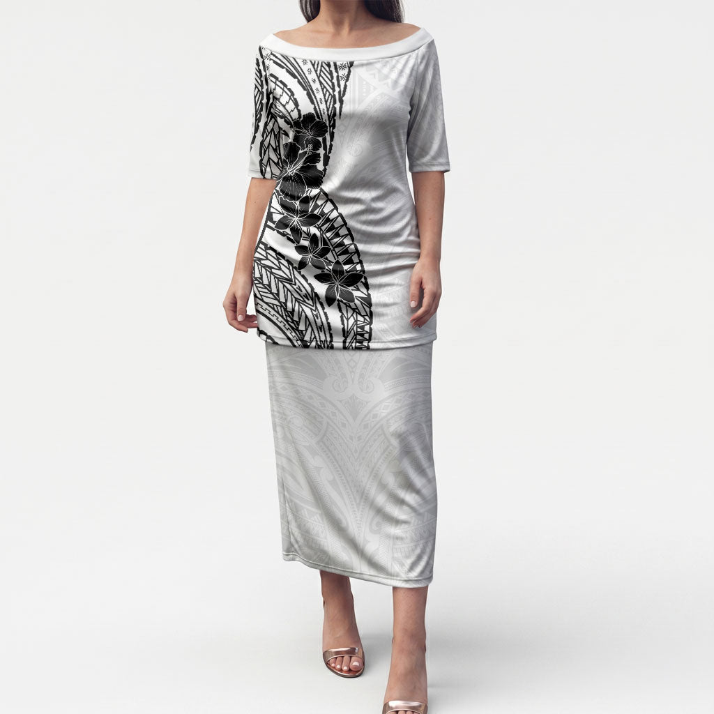 Black White Polynesia Tropical Flowers Puletasi LT14 Long Dress White - Polynesian Pride