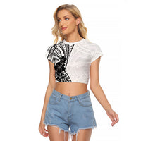 Black White Polynesia Tropical Flowers Raglan Cropped T Shirt LT14 Female White - Polynesian Pride