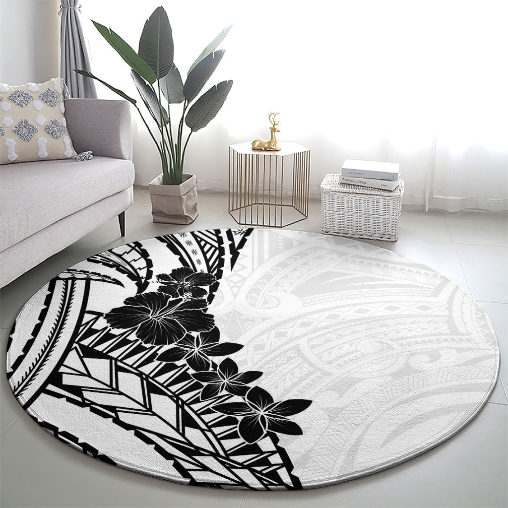 Black White Polynesia Tropical Flowers Round Carpet LT14 - Polynesian Pride