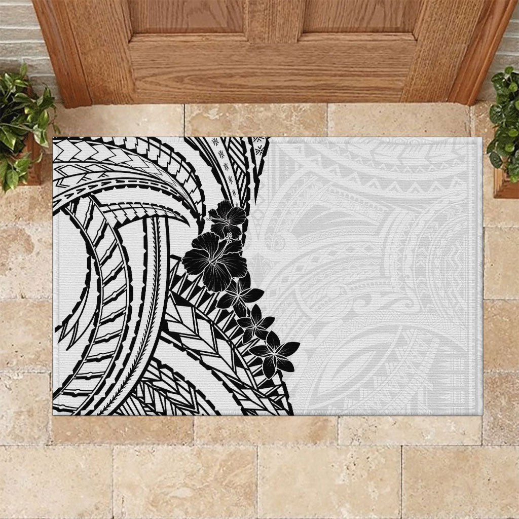 Black White Polynesia Tropical Flowers Rubber Doormat LT14 White - Polynesian Pride