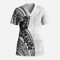Black White Polynesia Tropical Flowers Scrub Top