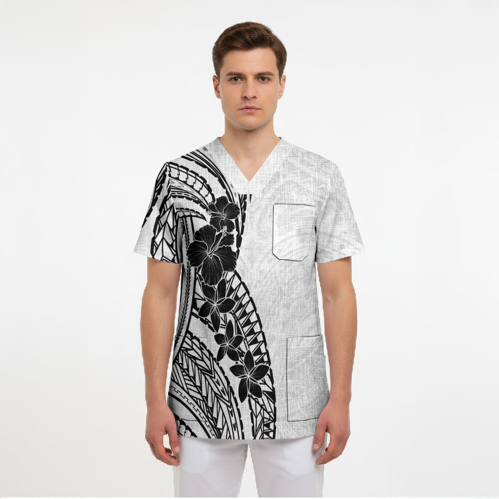 Black White Polynesia Tropical Flowers Scrub Top