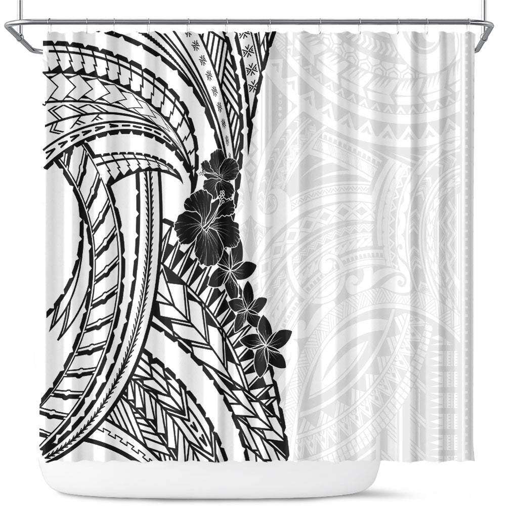 Black White Polynesia Tropical Flowers Shower Curtain LT14 White - Polynesian Pride