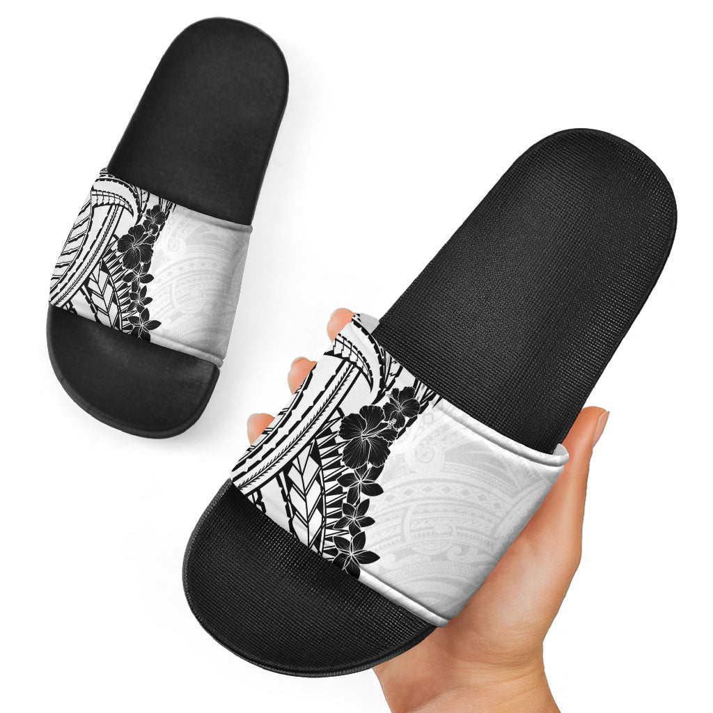 Black White Polynesia Tropical Flowers Slide Sandals LT14 - Polynesian Pride
