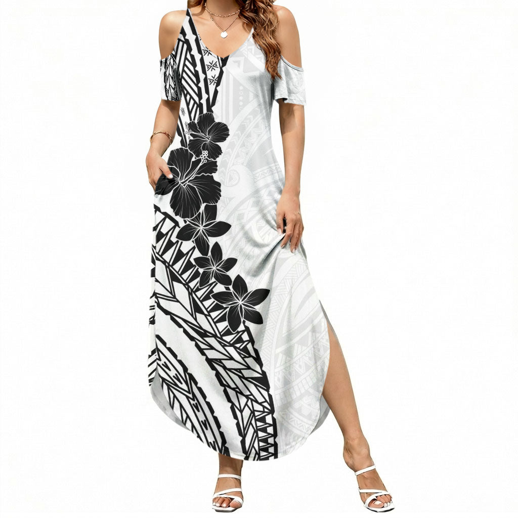 Black White Polynesia Tropical Flowers Summer Maxi Dress LT14 Women White - Polynesian Pride