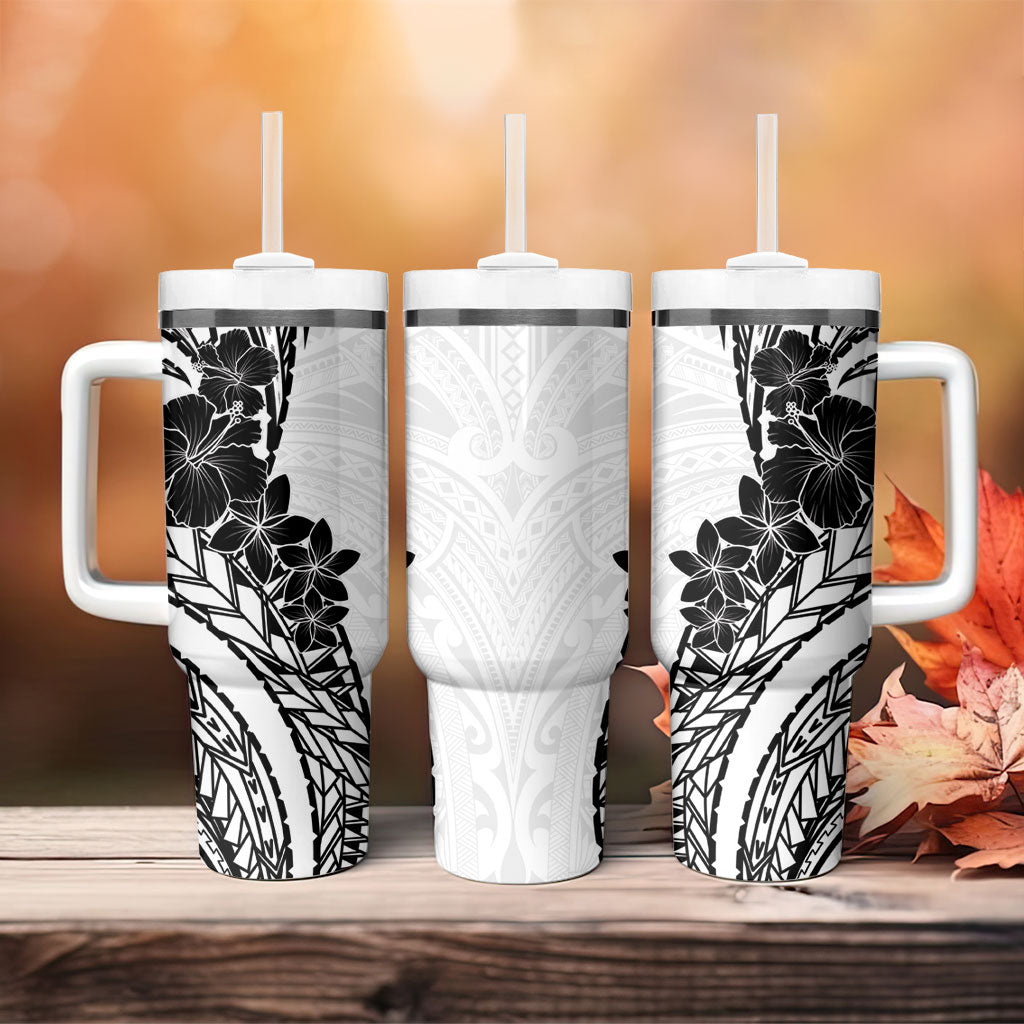 Black White Polynesia Tropical Flowers Tumbler With Handle LT14 - Polynesian Pride