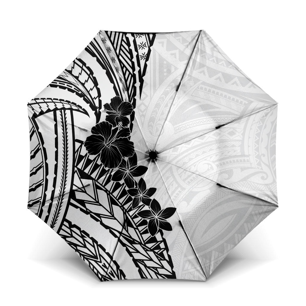 Black White Polynesia Tropical Flowers Umbrella LT14 One Size Folded 11.42 inch Opened Diameter 37.4 inch White - Polynesian Pride