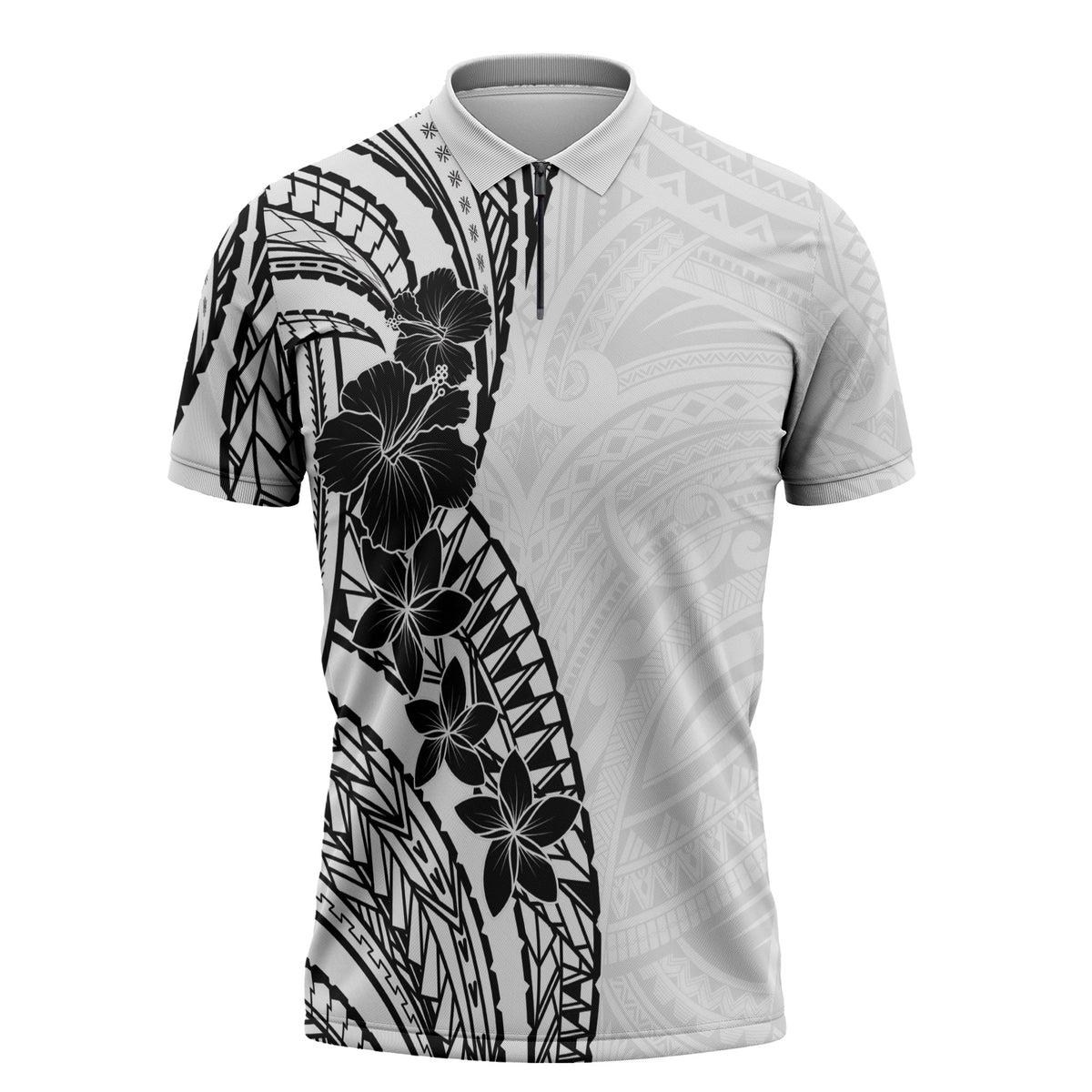 Black White Polynesia Tropical Flowers Zipper Polo Shirt LT14 White - Polynesian Pride