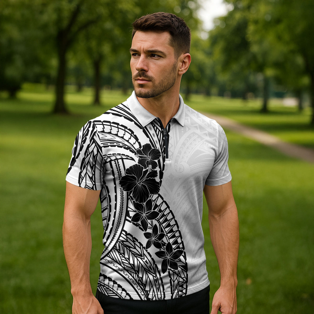 Black White Polynesia Tropical Flowers Zipper Polo Shirt LT14 - Polynesian Pride