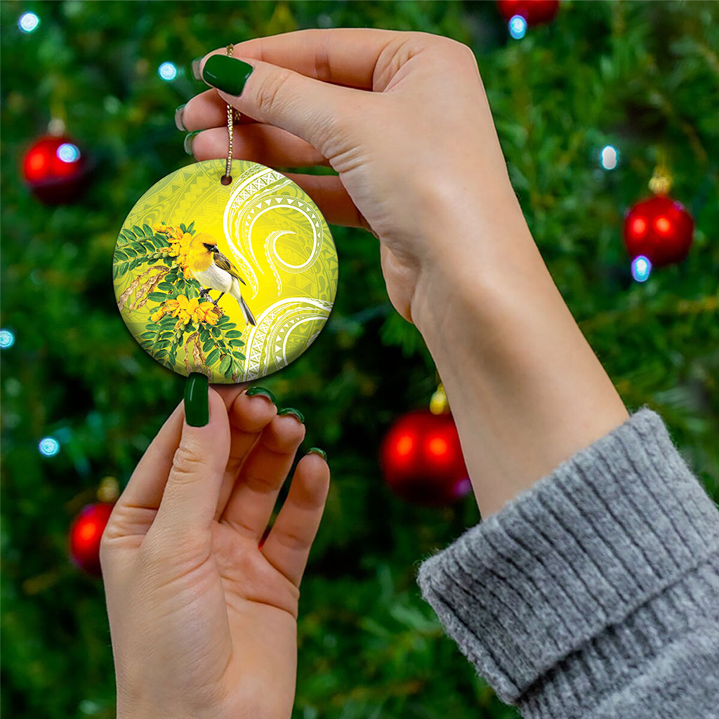 Hawaii Palila Mamane Ceramic Ornament Hawaiian Honeycreeper With Native Flower LT14 - Polynesian Pride