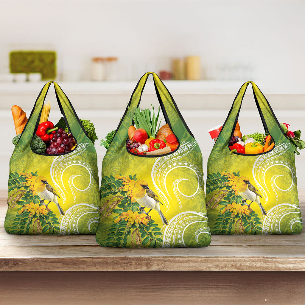 Hawaii Palila Mamane Grocery Bag Hawaiian Honeycreeper With Native Flower LT14 3-pack One Size Green - Polynesian Pride