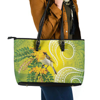 Hawaii Palila Mamane Leather Tote Bag Hawaiian Honeycreeper With Native Flower LT14 - Polynesian Pride