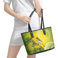 Hawaii Palila Mamane Leather Tote Bag Hawaiian Honeycreeper With Native Flower LT14 - Polynesian Pride