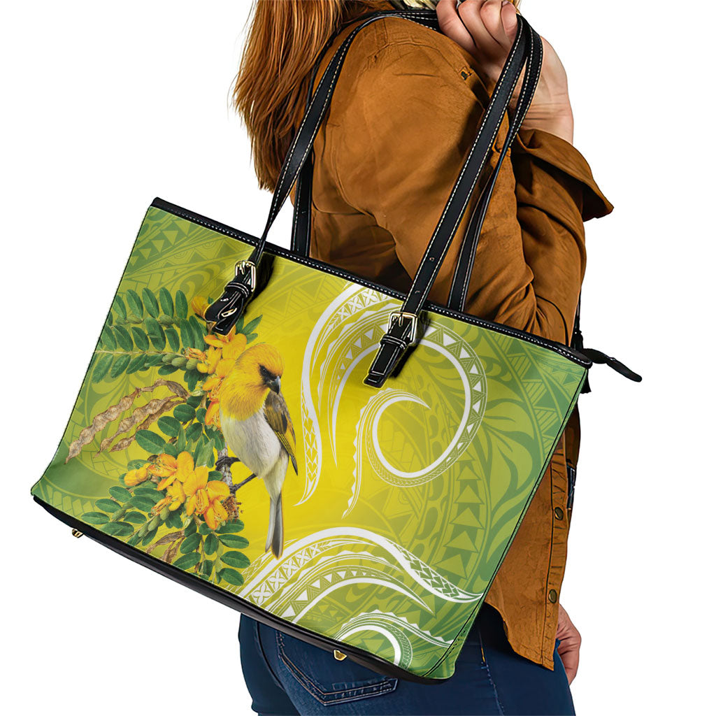 Hawaii Palila Mamane Leather Tote Bag Hawaiian Honeycreeper With Native Flower LT14 - Polynesian Pride
