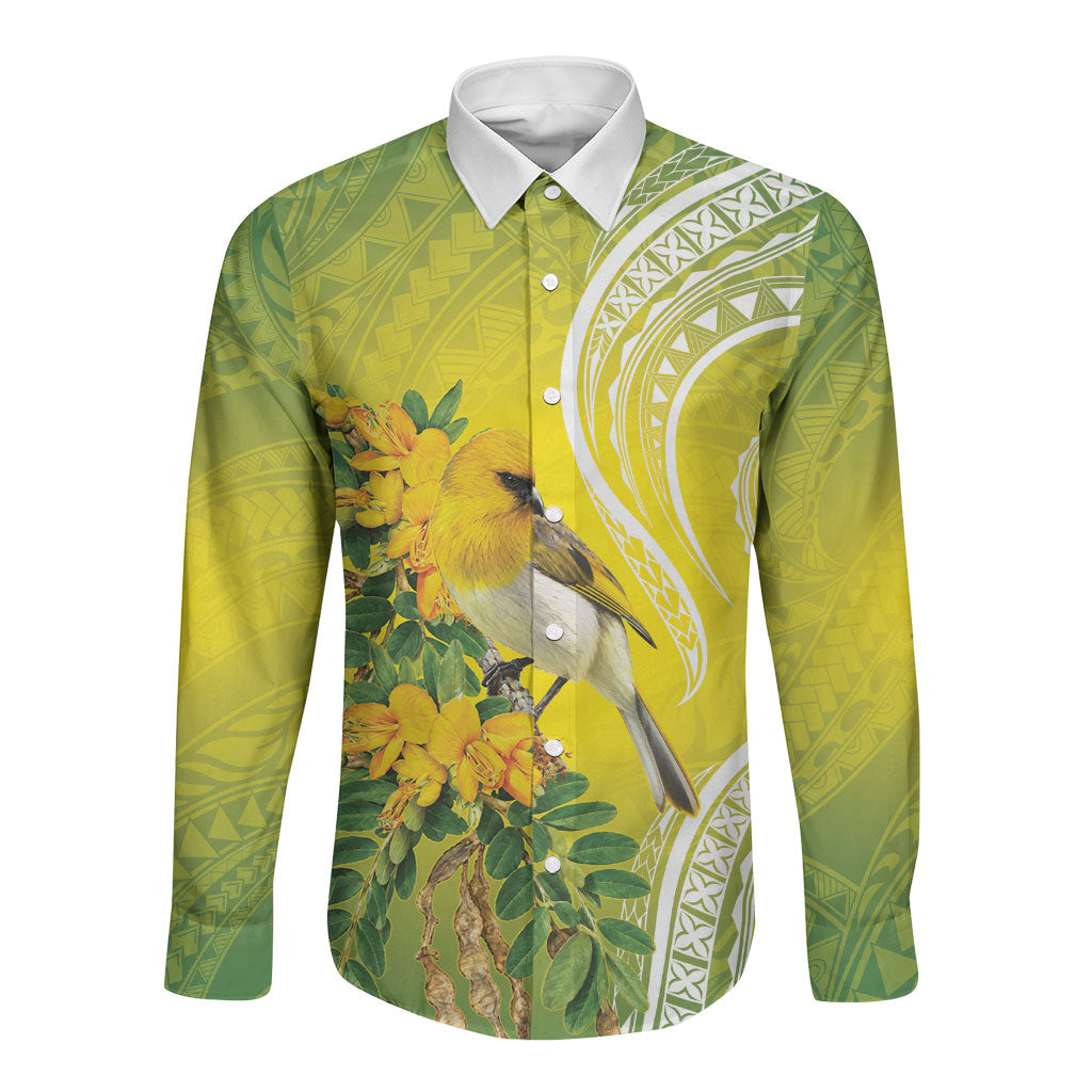 Hawaii Palila Mamane Long Sleeve Button Shirt Hawaiian Honeycreeper With Native Flower LT14 Unisex Green - Polynesian Pride