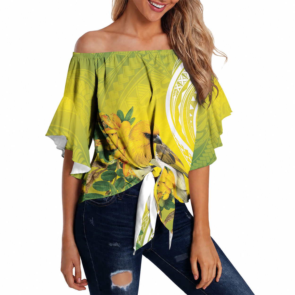 Hawaii Palila Mamane Off Shoulder Wrap Waist Top Hawaiian Honeycreeper With Native Flower LT14 Green - Polynesian Pride
