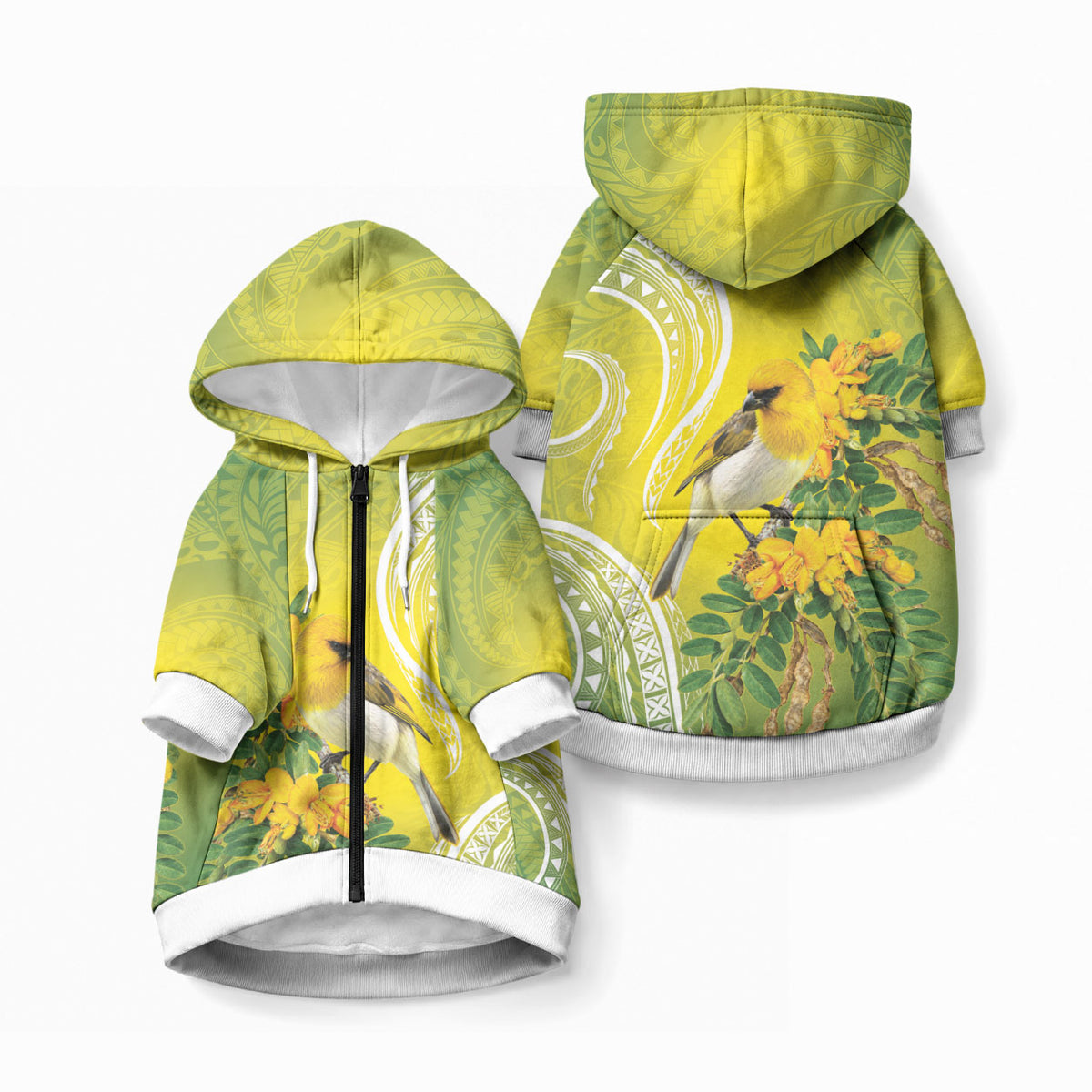 Hawaii Palila Mamane Pet Hoodie Hawaiian Honeycreeper With Native Flower LT14 Zip-up Green - Polynesian Pride
