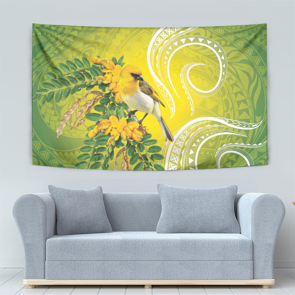Hawaii Palila Mamane Tapestry Hawaiian Honeycreeper With Native Flower LT14 - Polynesian Pride