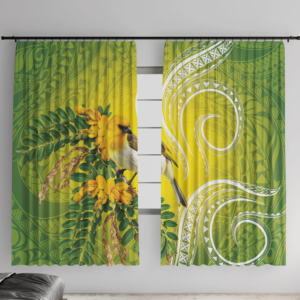 Hawaii Palila Mamane Window Curtain Hawaiian Honeycreeper With Native Flower LT14 With Hooks Green - Polynesian Pride