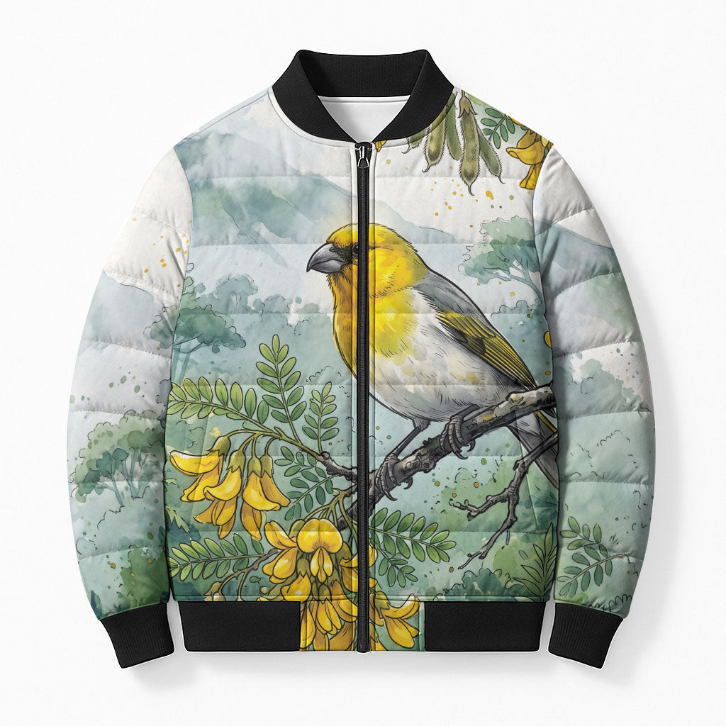 Aloha Hawaii Palila Mamane Watercolor Bomber Puffer Jacket