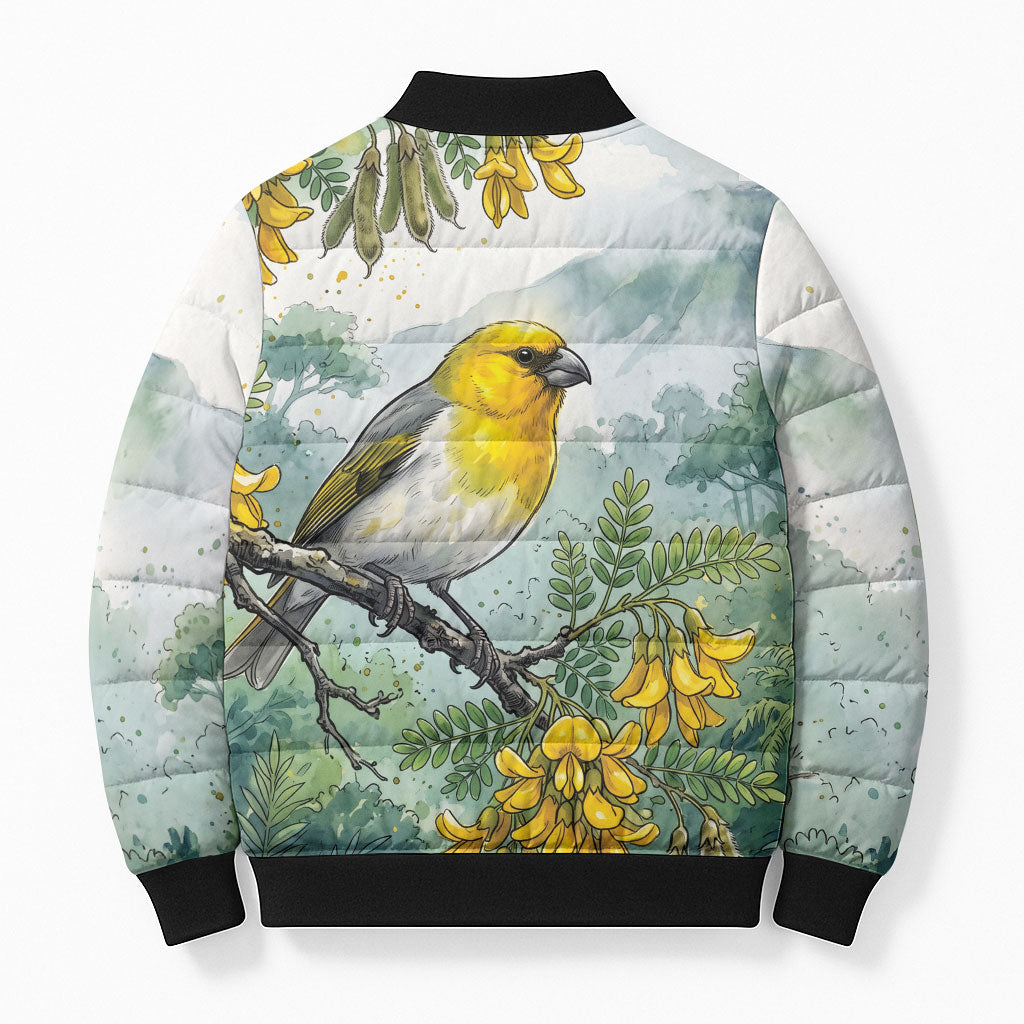 Aloha Hawaii Palila Mamane Watercolor Bomber Puffer Jacket