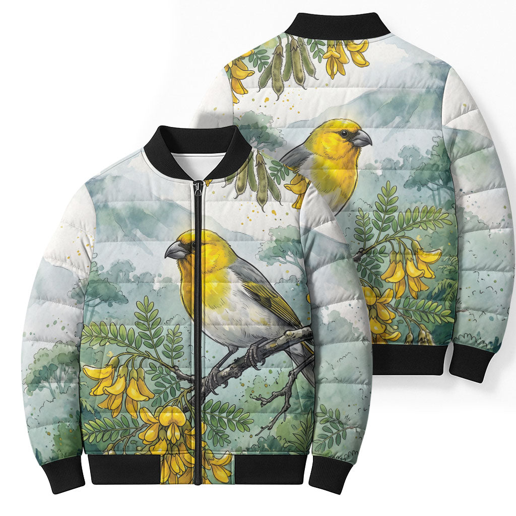 Aloha Hawaii Palila Mamane Watercolor Bomber Puffer Jacket