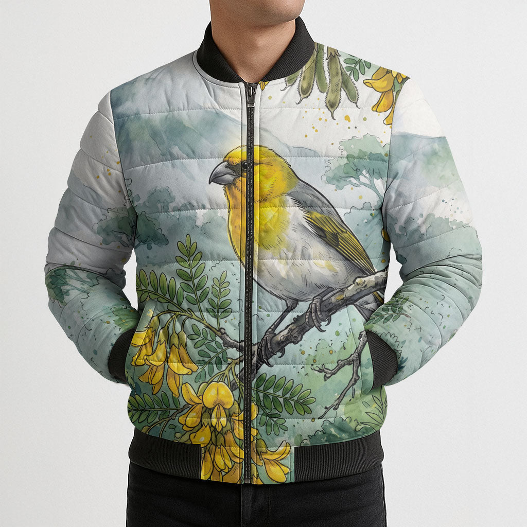 Aloha Hawaii Palila Mamane Watercolor Bomber Puffer Jacket