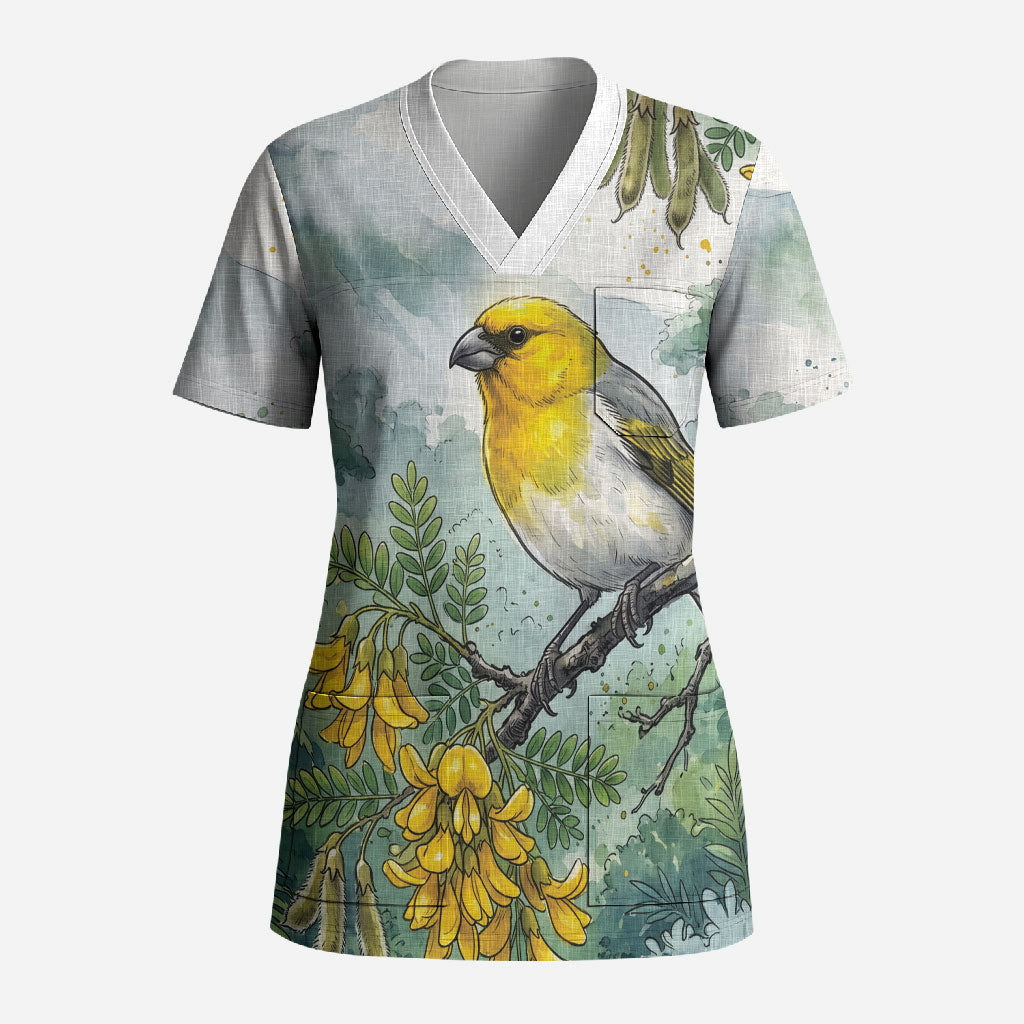 Aloha Hawaii Palila Mamane Watercolor Scrub Top