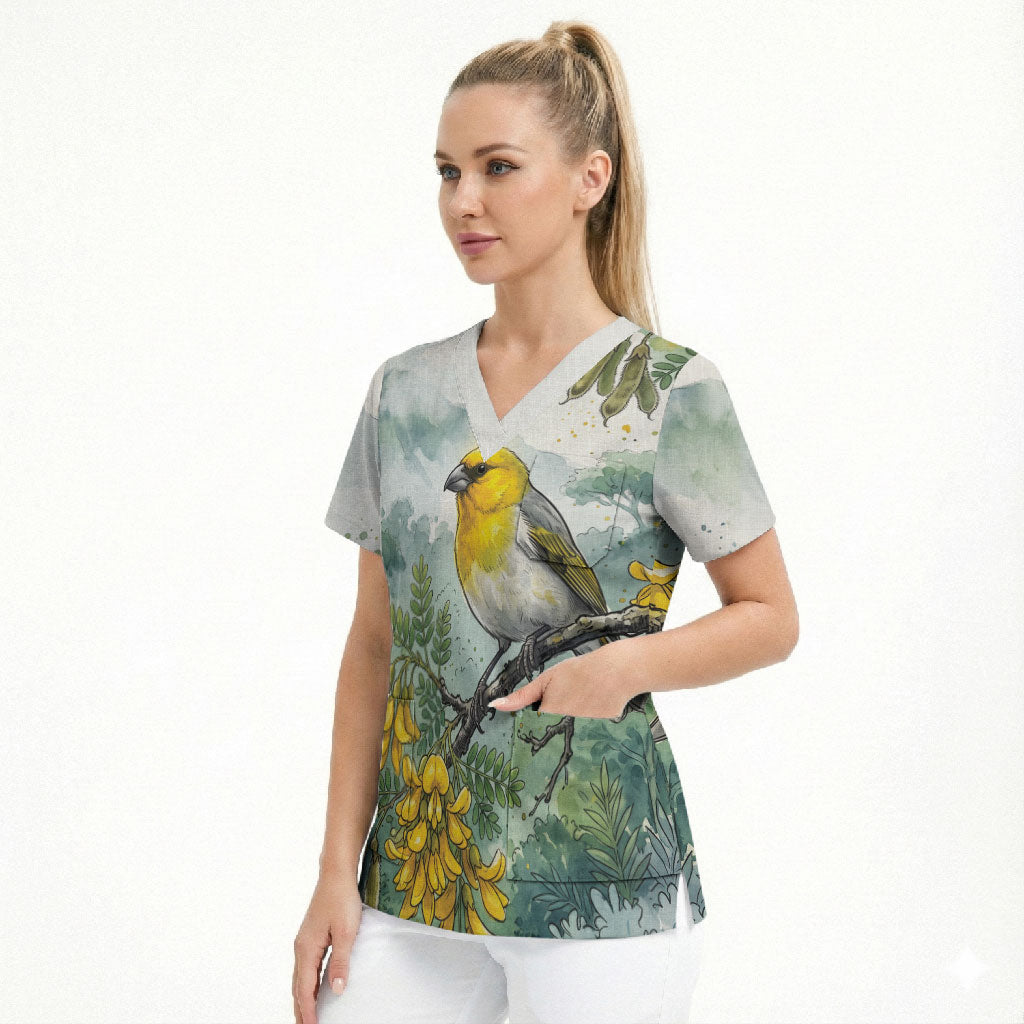 Aloha Hawaii Palila Mamane Watercolor Scrub Top