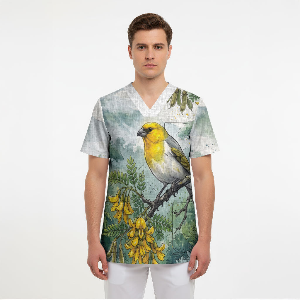 Aloha Hawaii Palila Mamane Watercolor Scrub Top