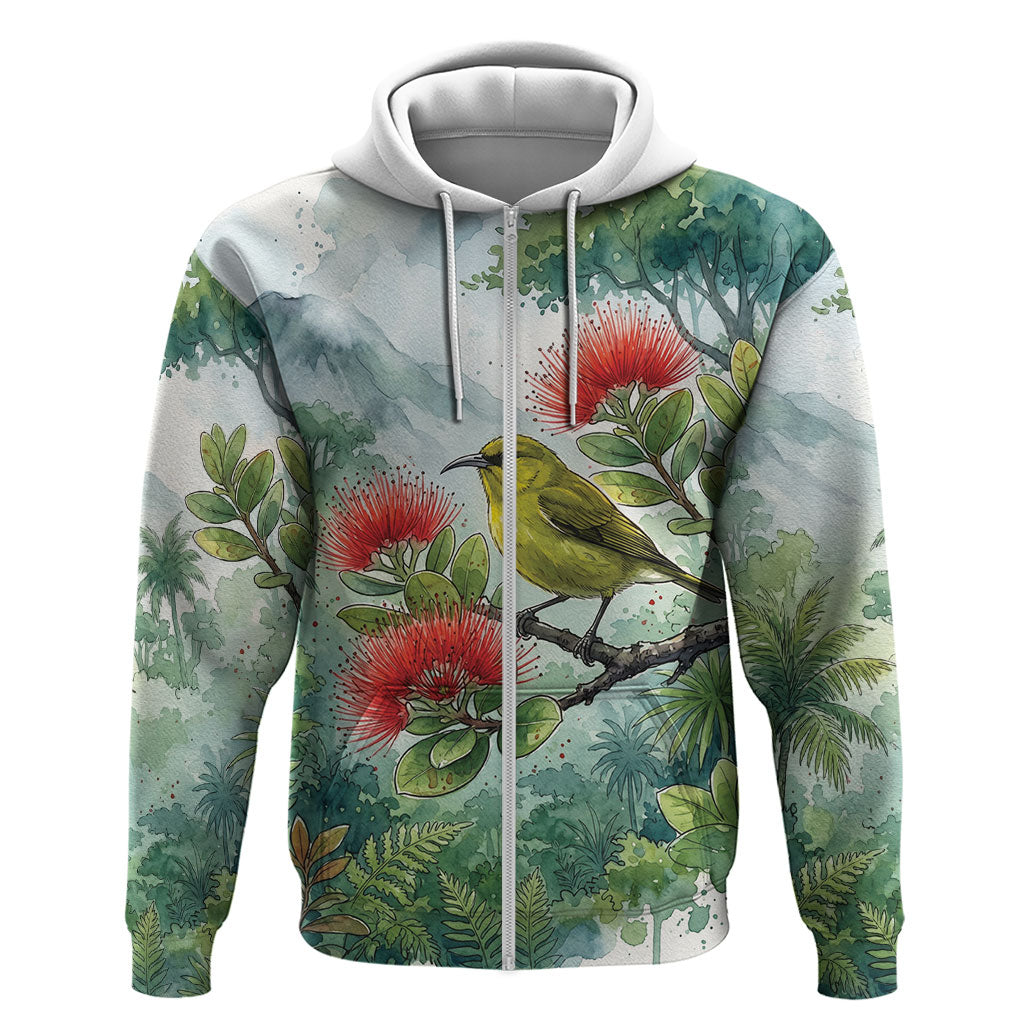 Aloha Hawaii Amakihi Ohia Lehua Watercolor Hoodie LT14 Zip Hoodie Watercolor - Polynesian Pride