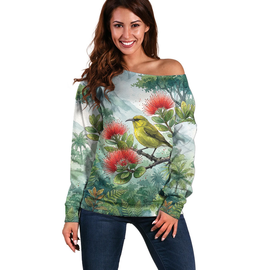 Aloha Hawaii Amakihi Ohia Lehua Watercolor Off Shoulder Sweater LT14 Women Watercolor - Polynesian Pride